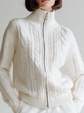 VTG Banana Republic Cream Cable Knit Zip Up Mock Neck Sweater